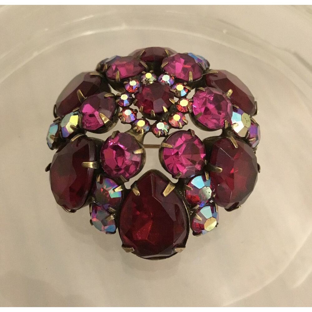 Vintage Red Teardrop & Red Aurora Borealis Rhinestone Dome Brooch/Pin